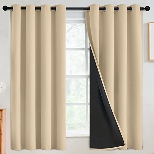 Beige 100% Blackout Curtains Room Darkening Living Room 63 Inch (Beige / 52"W x 63"L (Pack of 2))