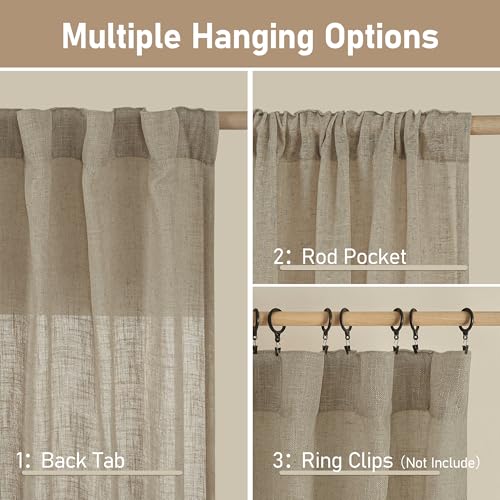 Linen Curtains 48 Inch Length Semi Sheer Light Filtering 2 Panels (Taupe / 34"W x 48"L (Pack of 2))