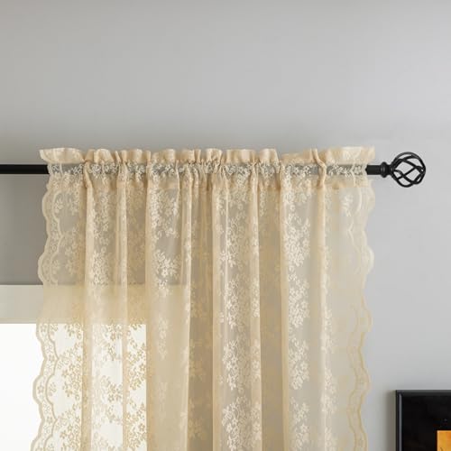 Vintage Lace Curtains 63 Inch Length Antique Chic Floral Beige Sheer Curtain Panels with Scalloped Edges for Bedroom Dining Room Rod Pocket French Country Crochet Drapes W52 X L63 2 Panels (Beige / 52"W x 63"L (Pack of 2))