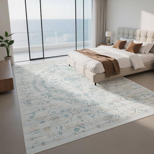 8x10 Boho Washable Area Rugs for Living Room (8' x 10' (Rectangular) / Milky White-light Blue-light Brown)