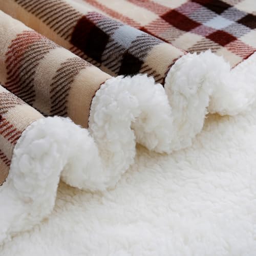 Sherpa Fleece Throw Blanket 80" x 90" Reversible Plush Fluffy Large Big Blanket Lattice Flannel Blankets for All Season Use (Beige Stripe / 80"*90")