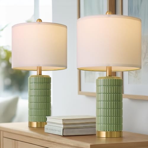 Bedside Table Lamps Set of 2 for Living Room with 2 USB Ports (Green and Gold)
