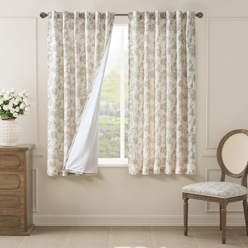 Taupe Floral Linen Curtains Lined 63 Inch Cottage Back Tab 2 Panels (*Jacobean Taupe / 50"W x 63"L (Pack of 2))