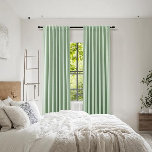 Aqua Green 100% Blackout Linen Curtains 96 Inch Length 2 Panels Set for Living Room Bedroom Back Tab Thermal Insulated Black Out Drapes Room Darkening Farmhouse Style for Bedroom Window Curtains (Aqua Green / 52"W x 96"L (Pack of 2))