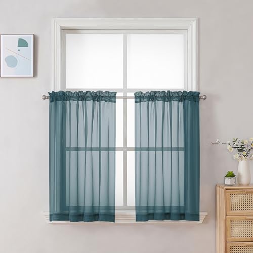 Stone Blue Sheer Curtains 30 inch Length 2 Panels (Stone Blue / 42"W x 30"L (Pack of 2))