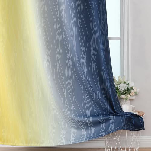 Navy Blue and Yellow Ombre Blackout Curtains for Living Room 102 Inch Long (Navy Blue and Yellow / 52"W x 102"L (Pack of 2))