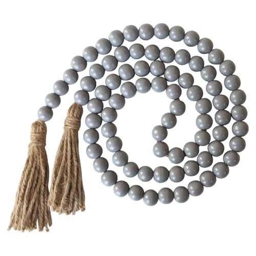 Boho Decor Wood Beads Garland Farmhouse Wall Hanging Decorations Natural Wooden Bead Tassel Decorative for Coffee Table Christmas and Prayer (Grey / 58")