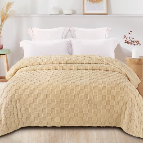 3D Checkered Fleece Queen Size Bed Blanket (Camel / Queen (90"x90"))
