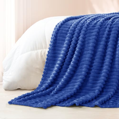 Striped King Size Fleece Blanket for Bed (Cobalt Blue / King ( 90x104 IN ))