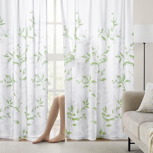 Non-See-Through Sage Green and White Privacy Sheer Curtains (Leaves-sage Green / 52"W x 84"L (Pack of 2))