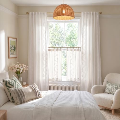 White Floral Linen Kitchen Tier Curtains 36 Inch (A| Off White / 26"W x 36"L (Pack of 2))