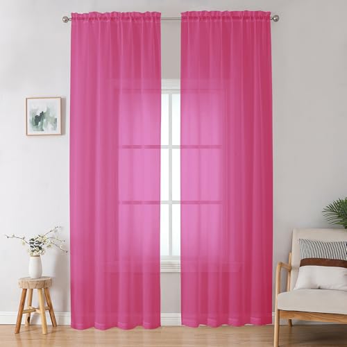 Hot Pink Sheer Curtains for Bedroom Living Room 96 Inches Long 2 Panels Set (Hot Pink / 42"W x 96"L (Pack of 2))