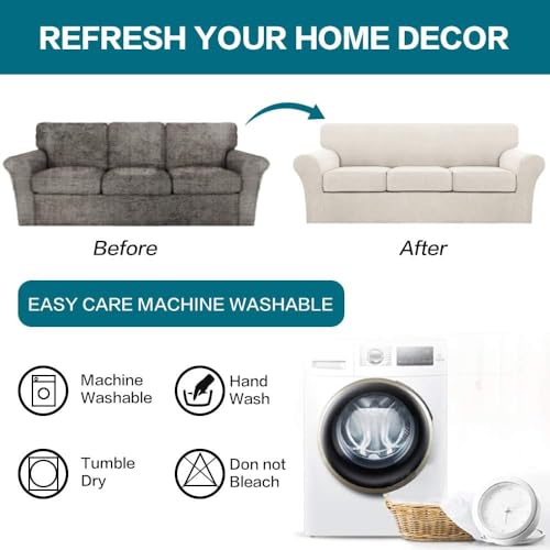 4 Piece Sofa Covers for 3 Cushion Couch Sofa Slipcover Soft Couch Cover for Dogs Washable Furniture Cover with 3 Individual Large Cushion Covers Feature Fabric (L Sofa (3 Cushion) / Ivory)