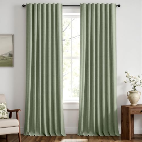 100% Blackout Linen Curtains 42 x 108 Inch Sage Green 2 Panel (Sage Green / 42"W x 108"L (Pack of 2))