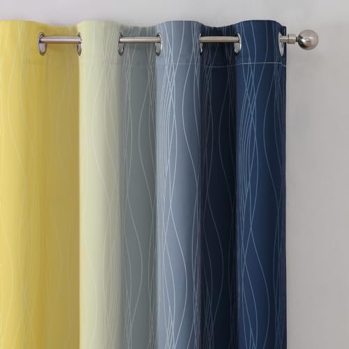 Navy Blue and Yellow Ombre Blackout Curtains for Living Room 102 Inch Long (Navy Blue and Yellow / 52"W x 102"L (Pack of 2))