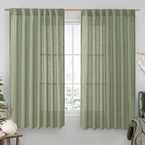Extra Wide Semi Sheer Linen Curtains for Living Room 63 Inch Length (Sage Green / 60"W x 63"L (Pack of 2))