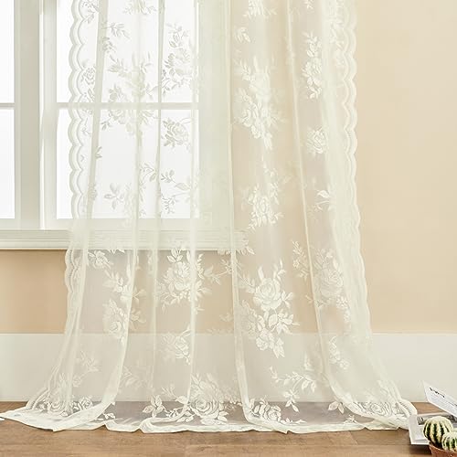 Ivory Lace Sheer Curtains 96 Inches Long 2 Panels Victorian Floral for Living Room Bedroom Rod Pocket Light Filtering Cream Shabby Chic Window Drapes Farmhouse Decor (52"W x 96"L (Pack of 2) / Ivory)