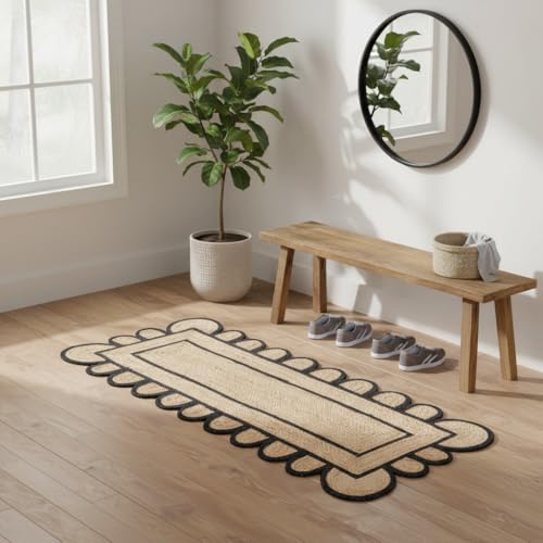 Scalloped Natural Jute Area Rug (Black / 2' x 10' (Runner))
