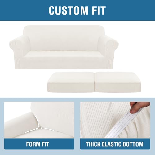 3 Piece Stretch Sofa Covers for 2 Cushion Sofa Couch Covers for Living Room Sofa (Medium-XL / Porcelain White)