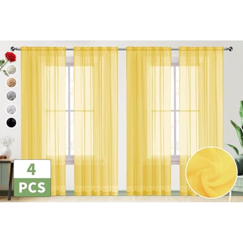 Yellow Sheer Curtains 4 Panels Rod Pocket Semi (Yellow / 52"W x 45"L (Pack of 4))