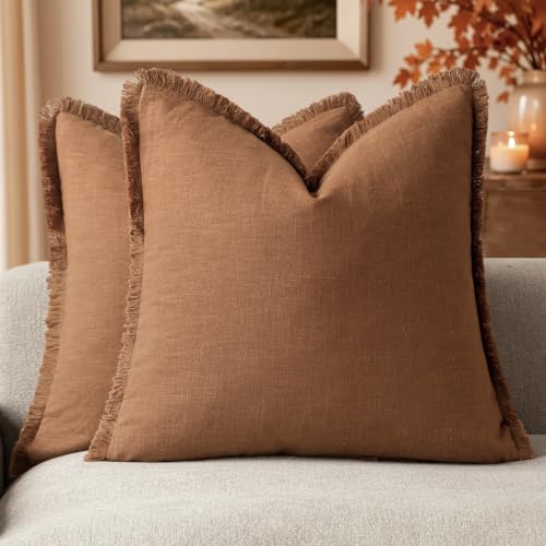 Decorative Linen Fringe Throw Pillow Covers 24×24 Orange Brown (24" x 24" (Pack of 2) / Hazel)