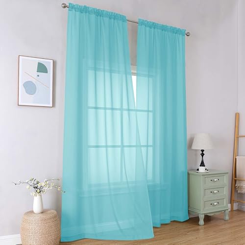 Aqua Short Sheer Curtains 45 Inch Length for Small Windows (Aqua / 42"W x 45"L (Pack of 2))