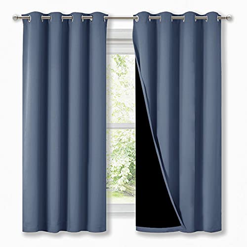 100% Blackout Curtains with Black Liners (Stone Blue / 52"W x 63"L (Pack of 2))