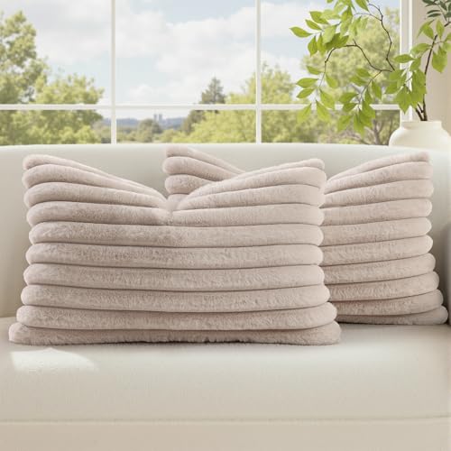 Fall Faux Fur Throw Pillow Covers 12x20 Set of 2 Tan (Tan / 20" x 12" (Pack of 2))