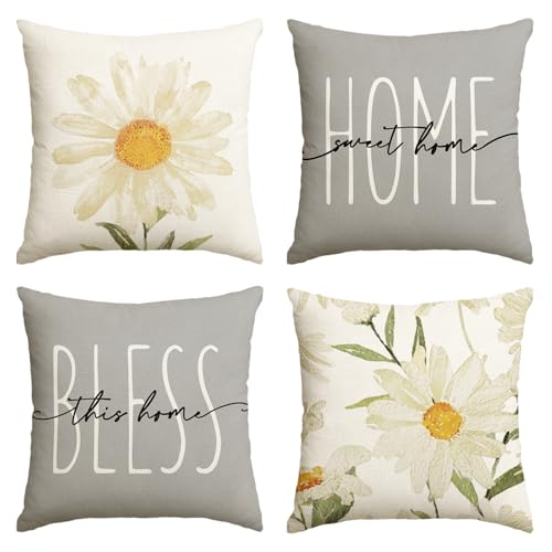 Home Sweet Home Spring Summer Flowers Throw Pillow Covers (Grey / 18" x 18" (Pack of 4))