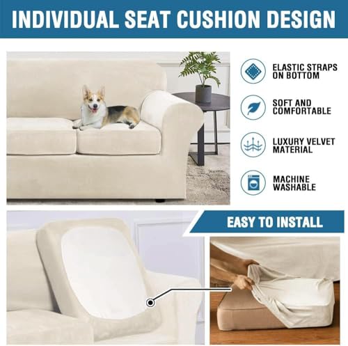 High Stretch Sofa Slipcover 4 Piece Cover Velvet Furniture Protector Form Fit Thick Velvet Extra Large Sofa Cover for 3 Cushion Couch Width Up to 97 Inch (3 Cushion Large Sofa / Ivory)