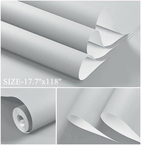 118''x17.7'' Grey Peel and Stick Wallpaper Contact Paper Modern Self Adhesive Wall Paper Removable Renter Friendly Textured Solid Color Shelf Cabinet Vinyl Roll (Silver/Gray / 17.7''x118'')