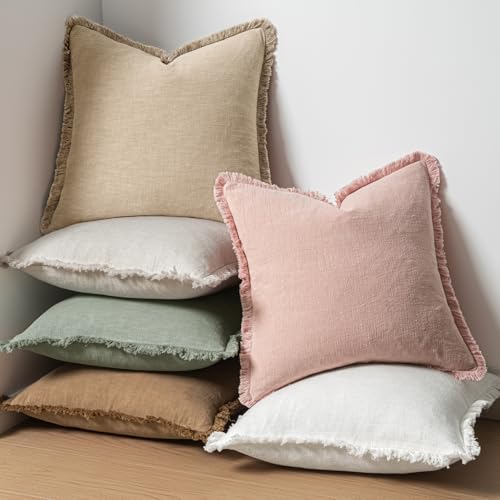 Boho Linen Fringe Decorative Throw Pillow Covers Pink 20x20 (20" x 20" (Pack of 2) / Pink)