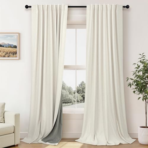 Extra Wide Curtains 60 Inches Wide for Living Room 84 Inch Length 2 Panels Thick Back Tab Pleated Cream Linen Blackout Dark Out Sliding Door Window Curtains Thermal Privacy Drapes 60x84 Long (Natural / 60"W x 84"L (Pack of 2))