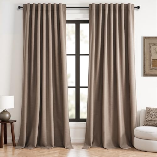 96 inch long linen blackout curtains 2 Panels 100% Black out Linen texture Curtain Modern Farmhouse Dark Flax Window Drapes with Back Tab Rod Pocket Room Darkening Thermal for Bedroom Living Room (Faux Linen / 52"W x 96"L (Pack of 2))