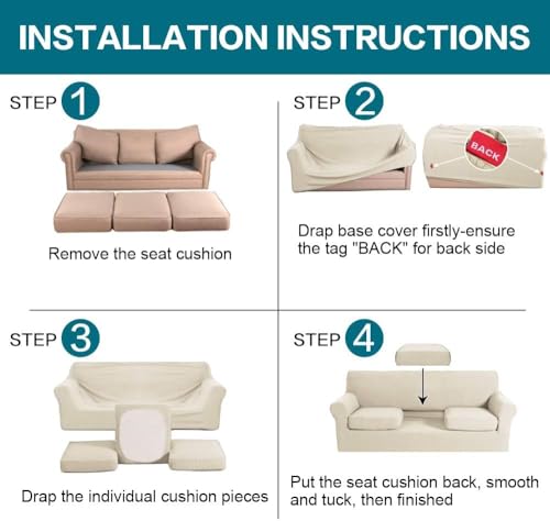 4 Piece Sofa Covers for 3 Cushion Couch Sofa Slipcover Soft Couch Cover for Dogs Washable Furniture Cover with 3 Individual Large Cushion Covers Feature Fabric (L Sofa (3 Cushion) / Biscotti Beige)
