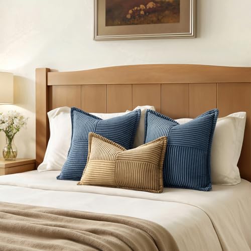 Blue Corduroy Decorative Euro Sham Pillow Covers 24x24 Inch with Splicing Set of 2 Soft Boho Pillow Covers Broadside Textured Summer Coastal Pillowcases for Couch Bed Livingroom (Blue / 24" x 24" (Pack of 2))