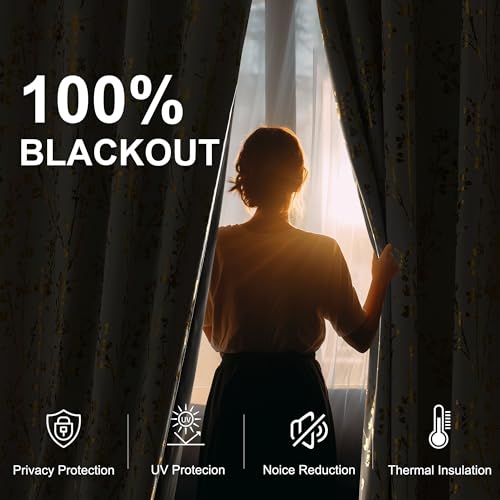 Gold Foil Printed Floral Curtains 100% Blackout (Branch-100% Blackout Greyish White / 52"W x 96"L (Pack of 2))