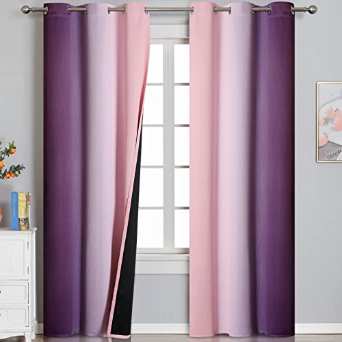 Pink and Purple Ombre Blackout Curtains for Girls Bedroom 84 Inches Long (Pink and Purple / 42"W x 84"L (Pack of 2))