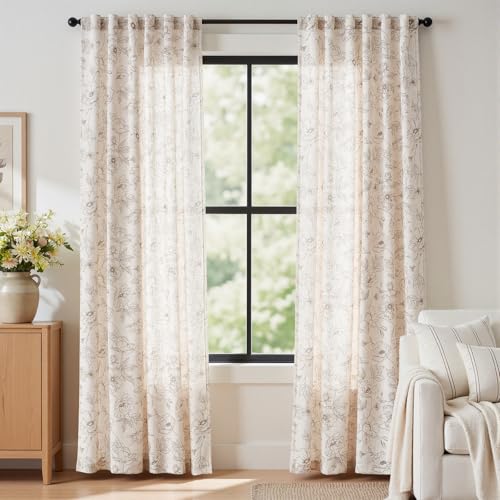 Linen Floral Curtains for Living Room 84 Inch Length Taupe Flower Curtain Rod Pocket Back Tab Farmhouse Curtains with Printed Floral Bedroom Window Curtain Set (Penny Taupe on Ecru / 50"W x 84"L (Pack of 2))