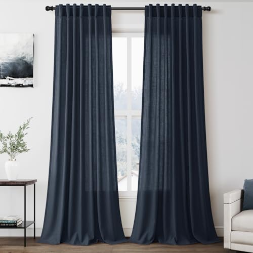 Vintage Blue Linen Curtains 108 Inches Long for Living Room Bedroom 2 Panels Set Extra Long Back Tab Drapes Light Filtering Semi Sheer Floor to Ceiling Curtain for Large Windows 52x108 (52"W x 108"L (Pack of 2) / Vintage Blue)