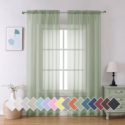 Sage Green Sheer Curtains 90 Inch Length 2 PCS (42"W x 90"L (Pack of 2) / Sage Green)