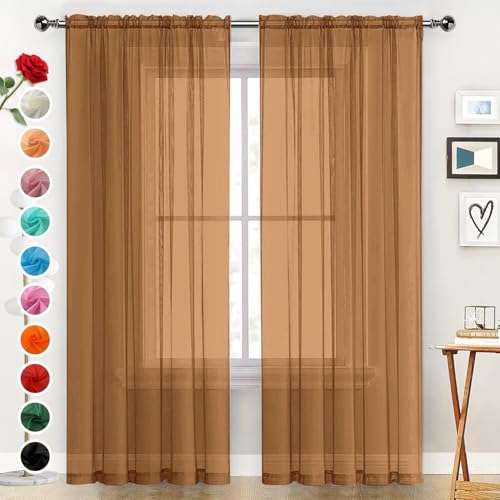 Basic Rod Pocket Sheer Voile Window Curtain Panels Light Brown 1 Pair 2 Panels 52 Width 63 Inch Long for Kitchen Bedroom Children Living Room Yard（Light Brown (Light Brown / 52"W x 63"L (Pack of 2))