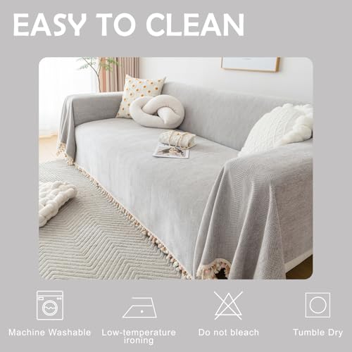 Grey Sofa Cover for Couch Boho Couch Cover for 3 Seat Couches Dog Couch Cover Love Seat Couch Covers Light Grey Sectional Cover 91" X134" Tassel Chenille Herringbone Sofa Covers (91" x 134" / Tassel Ball: Grey)