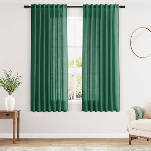 Dark Green Linen Curtains for Living Room 63 Inches Long 2 Panel Set Light Filtering Linen Drapes for Kitchen Windows Rod Pocket Back Tab Short See Through Curtain Country Farmhouse Decor 52x63 (52"W x 63"L (Pack of 2) / Dark Green)