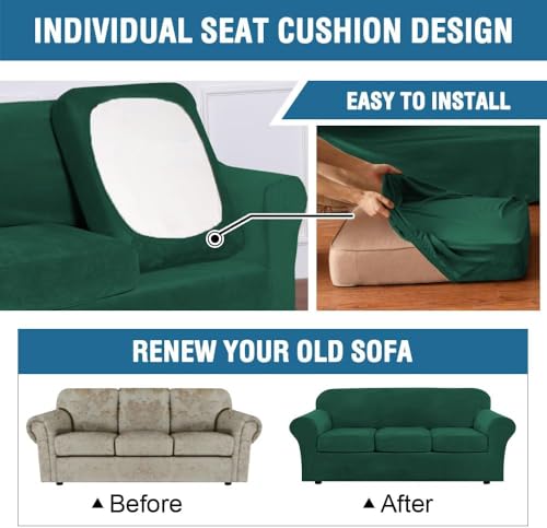 High Stretch Sofa Slipcover 4 Piece Cover Velvet Furniture Protector Form Fit Thick Velvet Extra Large Sofa Cover for 3 Cushion Couch Width Up to 97 Inch (3 Cushion Large Sofa / Green)