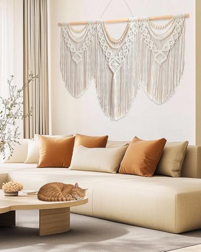 Large Macrame Wall Hanging Handmade Boho Tapestry (Beige)
