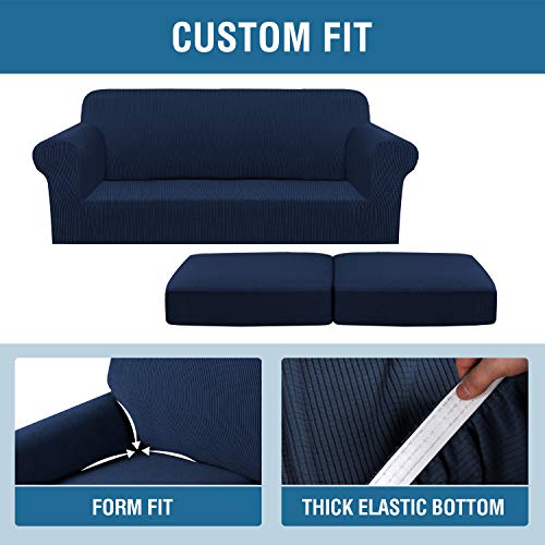 3 Piece Stretch Sofa Covers for 2 Cushion Sofa Couch Covers for Living Room Sofa Slipcovers (Medium-XL / Navy)