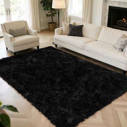 6x9 Black Fluffy Area Rug for Living Room (Black / 6' x 9' (Rectangular))