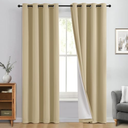 Beige 100% Blackout Curtains 96 Inches Long for Bedroom 50" Wide (50"W x 96"L (Pack of 2) / Beige With White Backing)