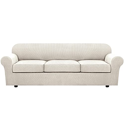 4 Piece Stretch Sofa Covers for 3 Cushion Couch Covers for Living Room Furniture Slipcovers (X-Large / Ivory)